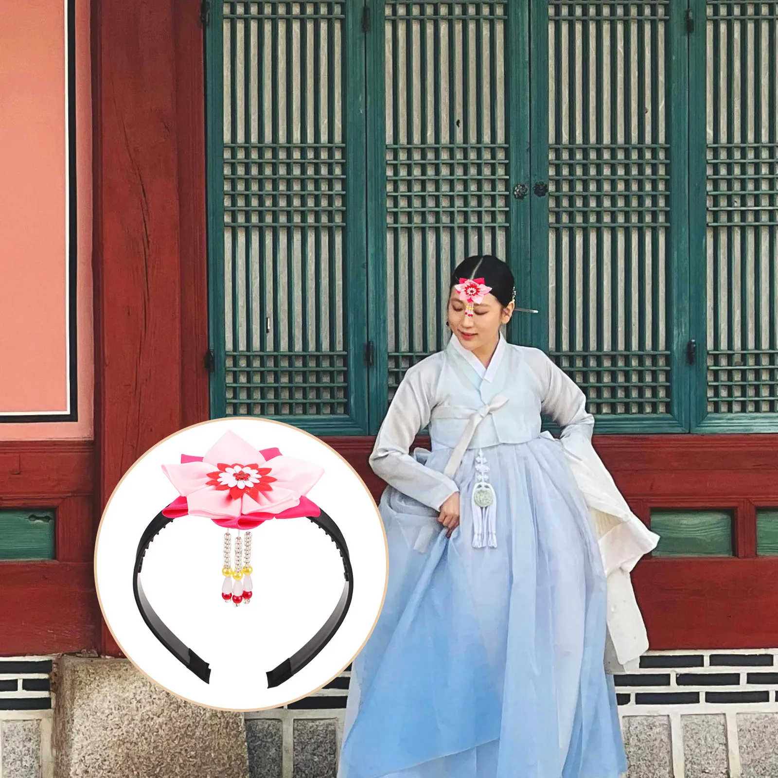 

Traditional Korean Hair Accessories Floral Tassel Headband for Girls Cultural Festival Hair Decoration Floral Headband