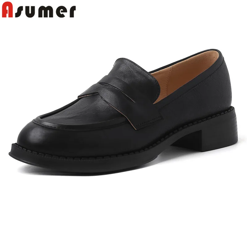 

Туфли ASUMER женские из натуральной кожи, лоферы, без застежки, платформа, средний каблук, Офисная Классическая обувь, весна-осень 2024