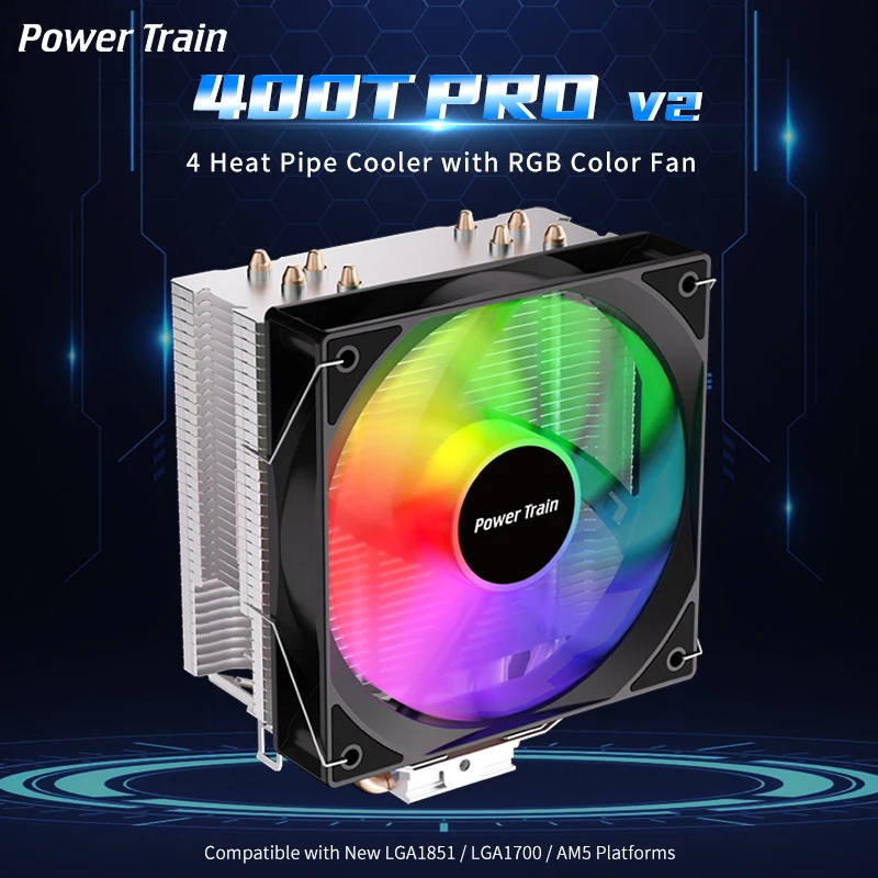 Кулер для процессора Power Train DL400T PRO V2 с 4 тепловыми трубками, цветными вентиляторами и воздушным охлаждением, для LGA1700, 1200, 115X, 1851, AM5, для игровых ПК.