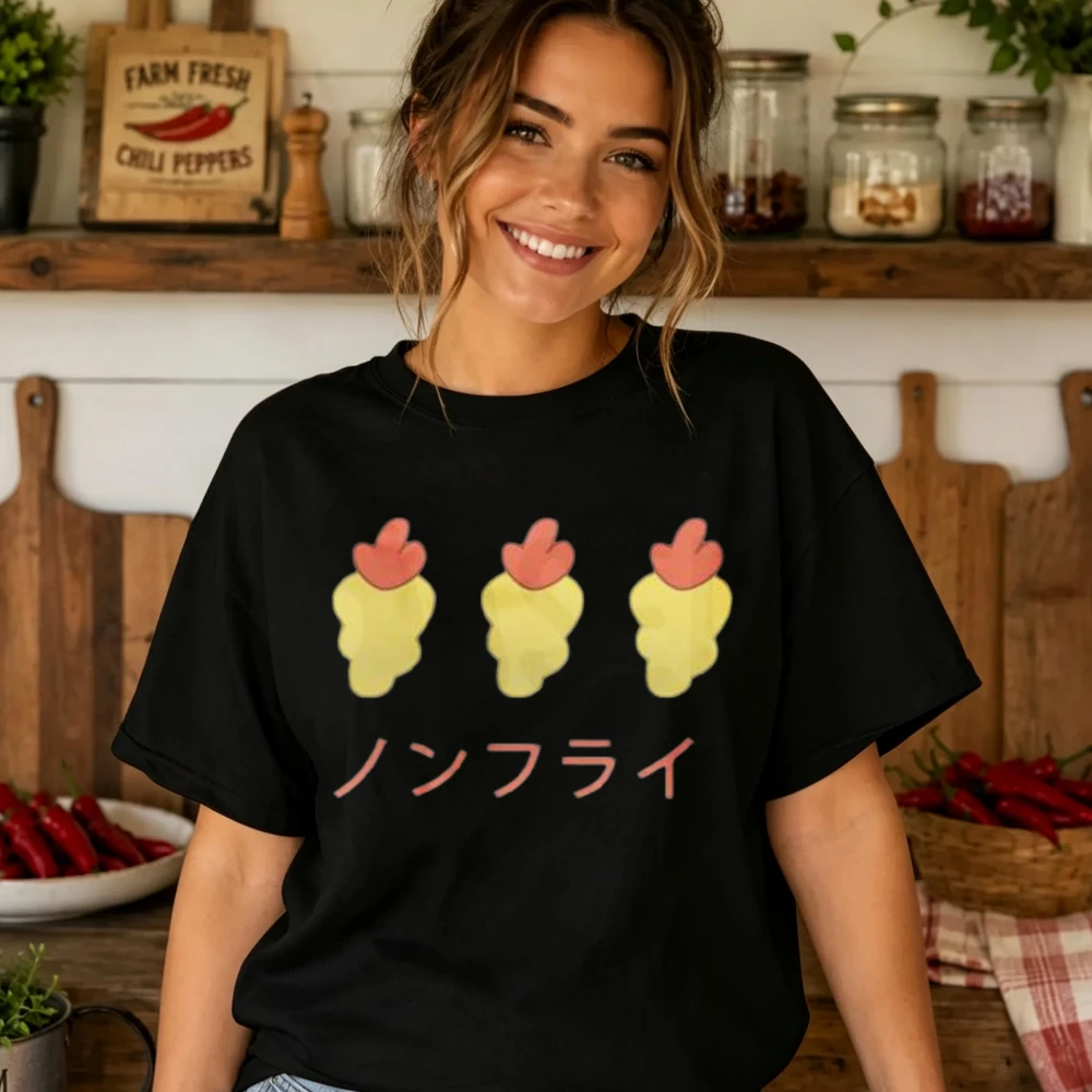 Kawaii Three Tempura Shrimp Cartoon with Japanese Text Print Women T Shirt Cotton Tee Minimalist Japanese Harajuku Basic Tops