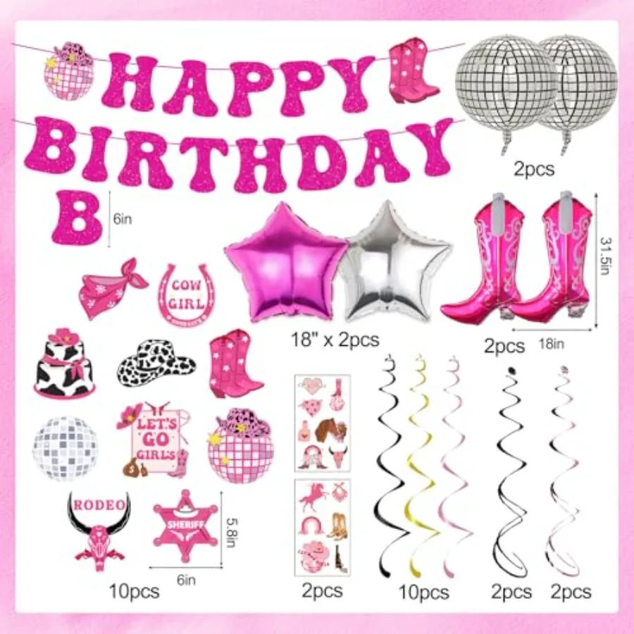 34 قطعة ديسكو راعية البقر حفلة عيد ميلاد زينة الغربية راعية البقر زينة الحفلات الوردي الساخن عيد ميلاد سعيد راية ديسكو راعية البقر B #2