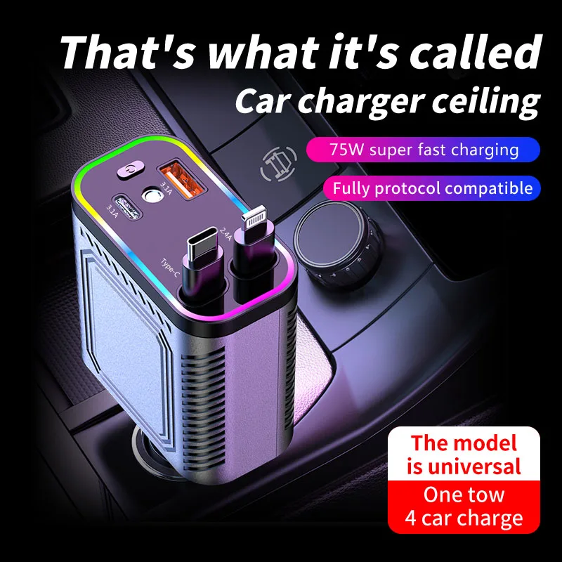 

75W Car Charger Adaptor Fast Charge USB Type C Fast Charger Cable with Retractable Line Fit for iPhone 16/15/14/13/12 Samsung
