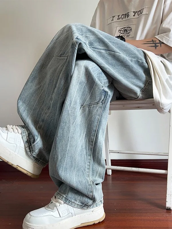 

Мужские джинсы свободного прямого кроя с бамбуковым узором, американский ретро-стиль, летняя новинка, широкие повседневные брюки в стиле High Street Vibe