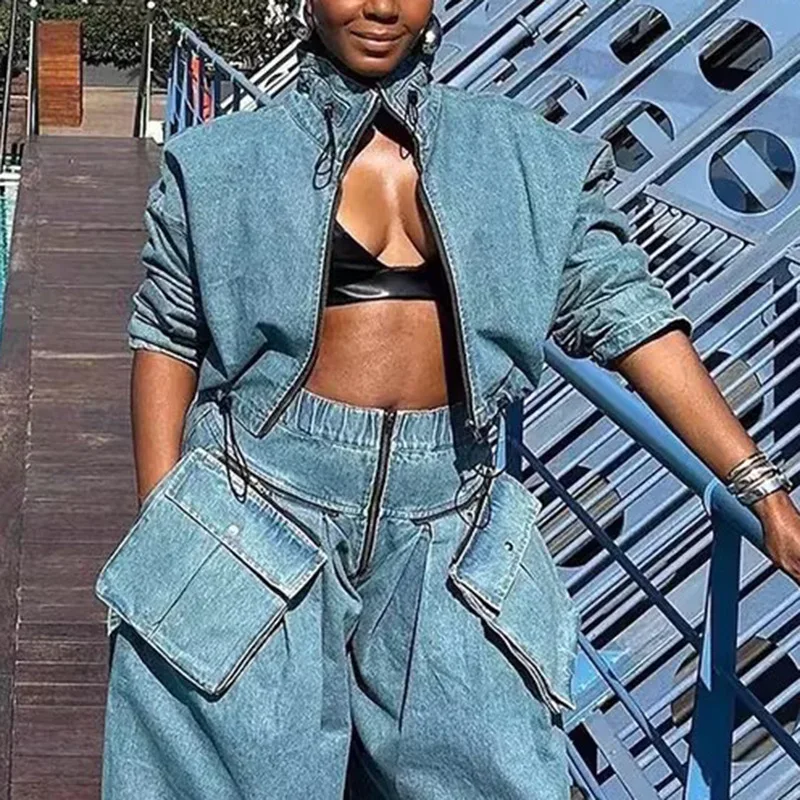 Printemps nouveau Design Chic outillage haut veste en jean femmes taille haute ample et mince court Chaquetas Locomotive Style beau manteau