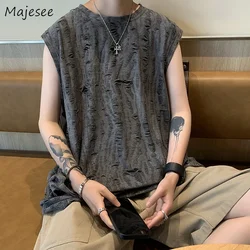 Tanks Men Ripped Y2k Tops American Streetwear Hip Hop Loose Sleeveless Summer Clothes Sporty All-match Handsome Vintage