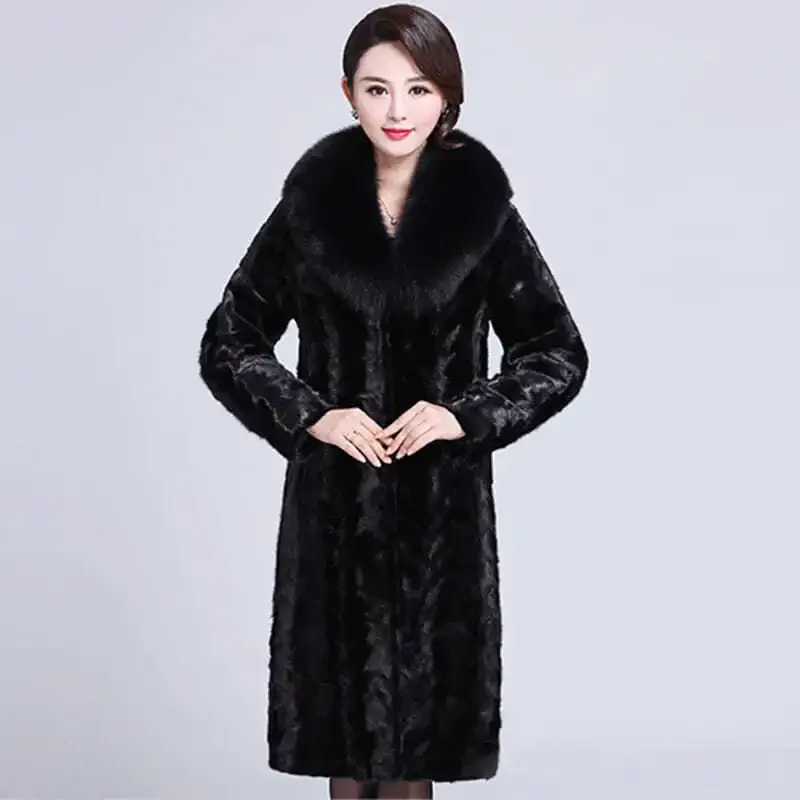 Women's Winter Mink Fur Coat Warm Black with Mink Fur Mid-length Fox Fur Collar Coat Plus Size Plus Size Thick and Elegant