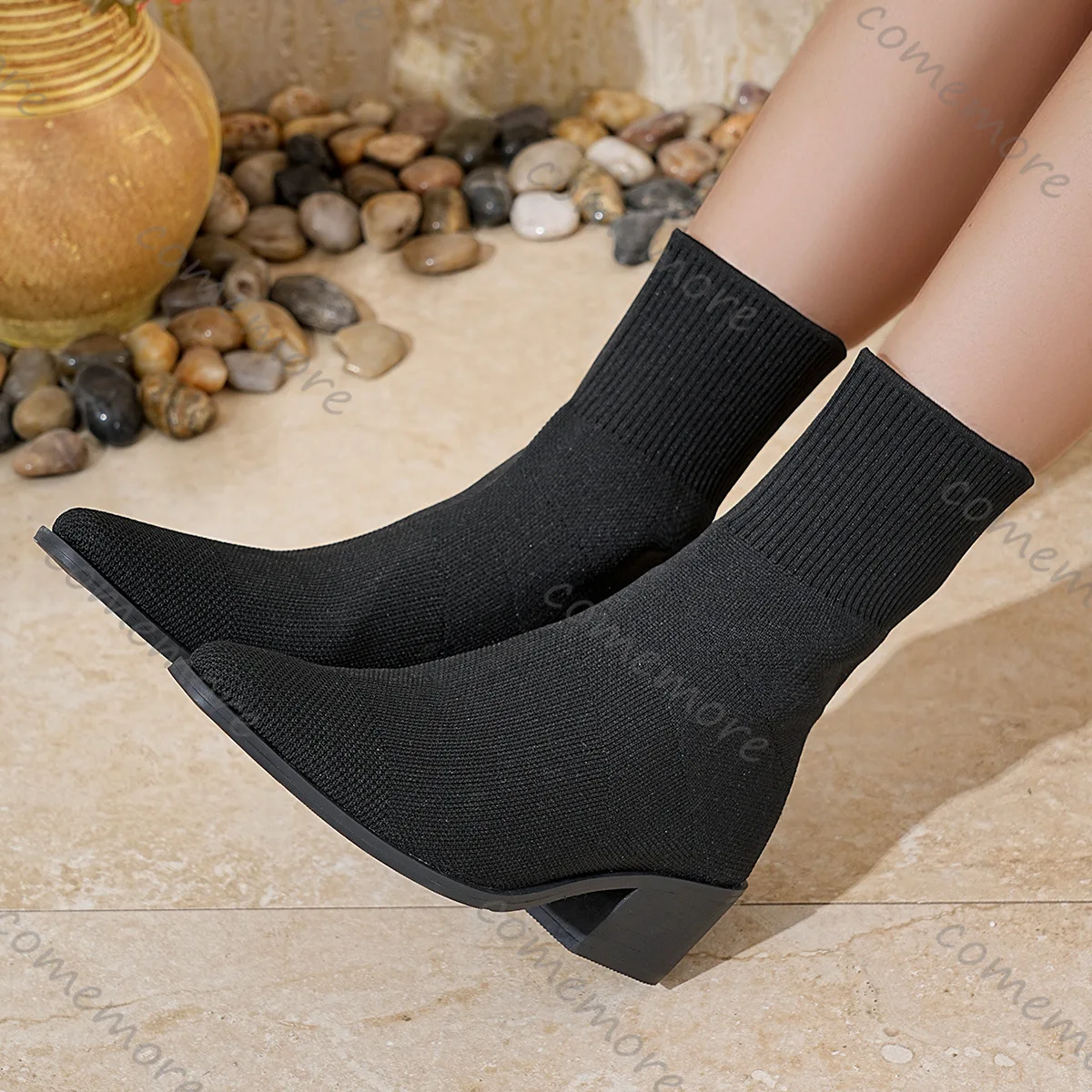 

Comemore женские вязаные ботильоны с острым носком на массивном каблуке, эластичные ботильоны без шнуровки, весенне-осенняя эластичная повседневная обувь