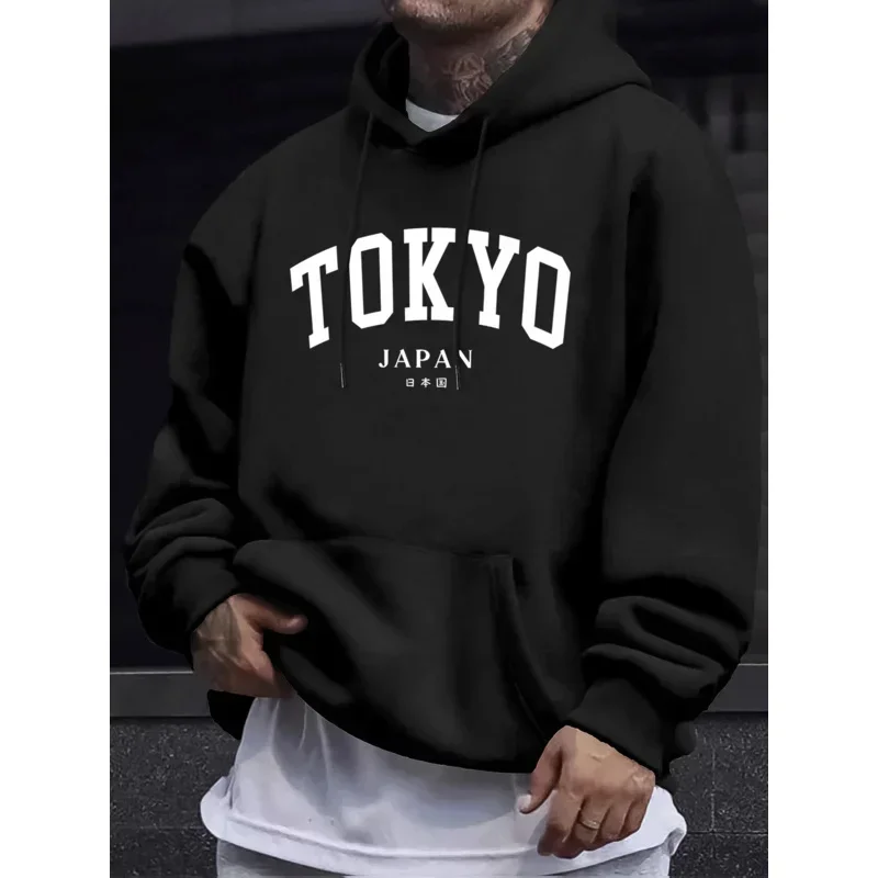 Men's Tokyo Japan Style Letter Creative Print Hoodie Autumn Winter Long Sleeved Sweatshirt Casual Comfortable Street Clothing