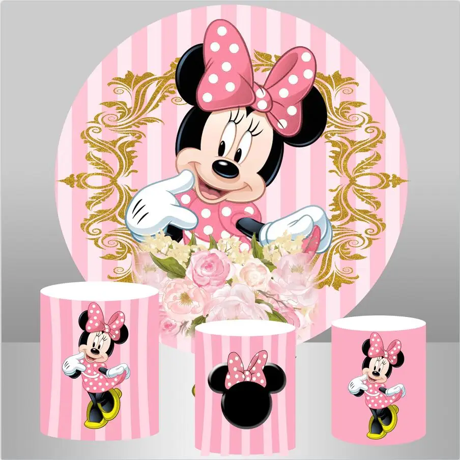 Pink Minnie Mouse Circle Background Girls Birthday Party Decoration Round Photography Backdrop Pedestal Cylinder Table Covers