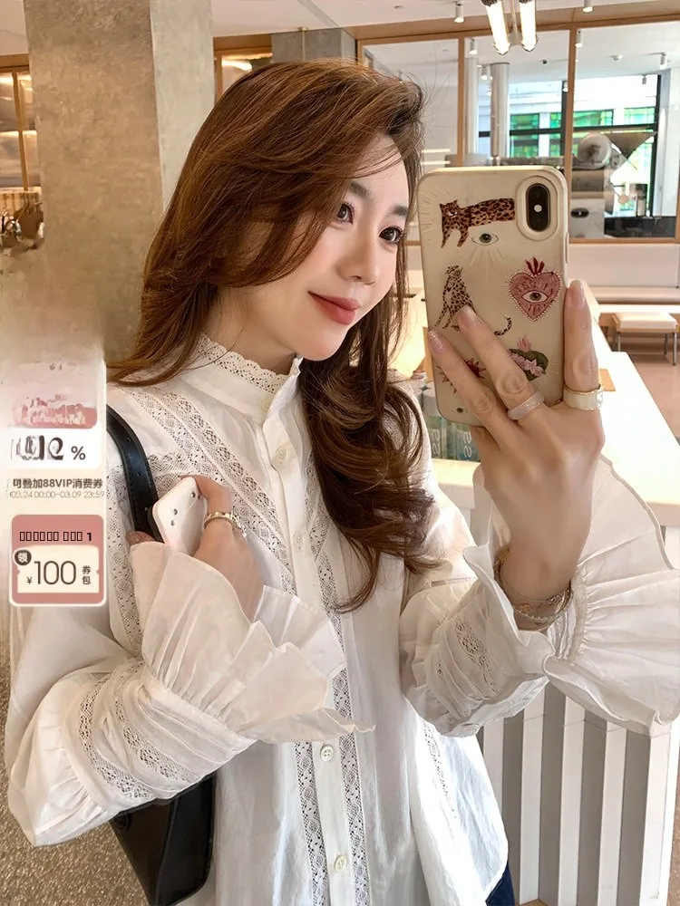 

Женская дышащая блузка с длинным рукавом и кружевными вставками из высококачественного хлопка, коллекция Spring Overture от Cheeseandkisses, для повседневной носки.