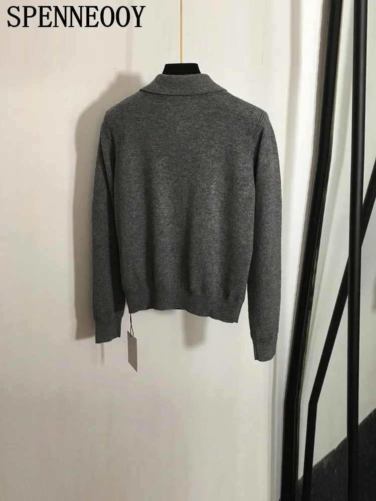 SPENNEOOY Fashion Runway Autumn Dark Grey Knitting Pullovers Women's Turn-down Collar Button Long Sleeve Loose Warm Sweaters