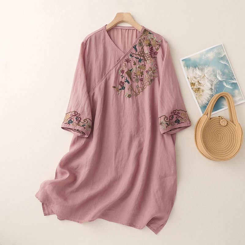 Baju Wanita Katun Linen Bordir Artistik Retro, Model Longgar, Meniruskan, Musim Panas, Terbaru, Pakaian Ibu
