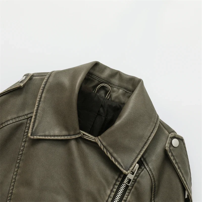 2024 Vintage Loose Strap Coat Street Zipper Vintage Biker Jacket Women's Coat Short Faux Leather Jacket Women's Style