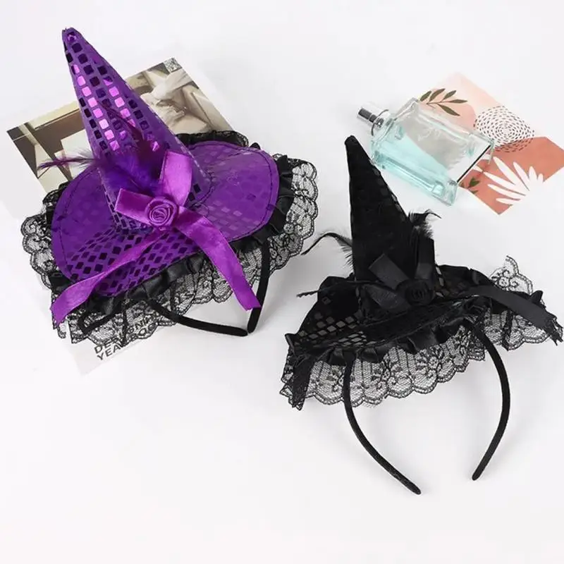 Witch Hat Headband Adult Sequins Lace Witch Headband Halloween Headbands Elegant Headwear Hair Hoop Costume Hat For Halloween