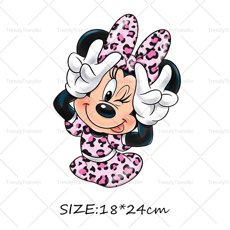 Roze Luipaard Minnie Mouse Karakter Opstrijkpatronen DTF Prints Warmtepersstickers voor kleding Strijkstickers