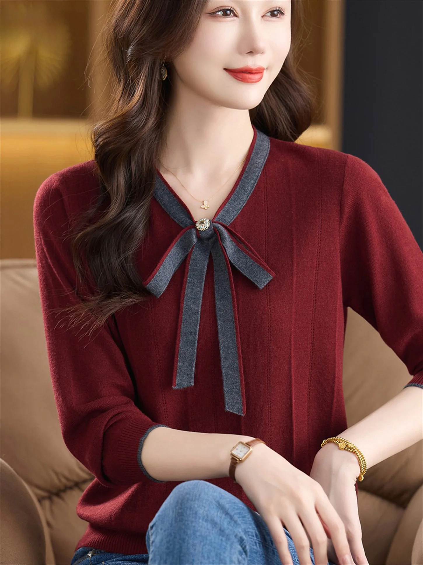

Loose Knitted Woolen Base irt Knot Ne Middle-aged Mom Faionable Casual Top ape Fit V-ne Breathable