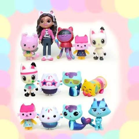13pcs Gabby Dollhouse Anime Figure Toy Smiling Car Cat Hug Gaby Girl Dolls Mercat Cartoon Action Figure Kids Xmas Birthday Gifts