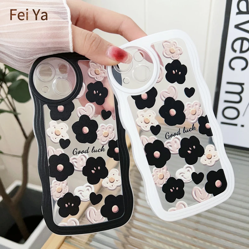 Big Wave Shape High Transparency Black White Small Flower Cartoon Phone Case For iPhone 14 13 12 11 Pro Max 14Plus 7 8 X XR XS