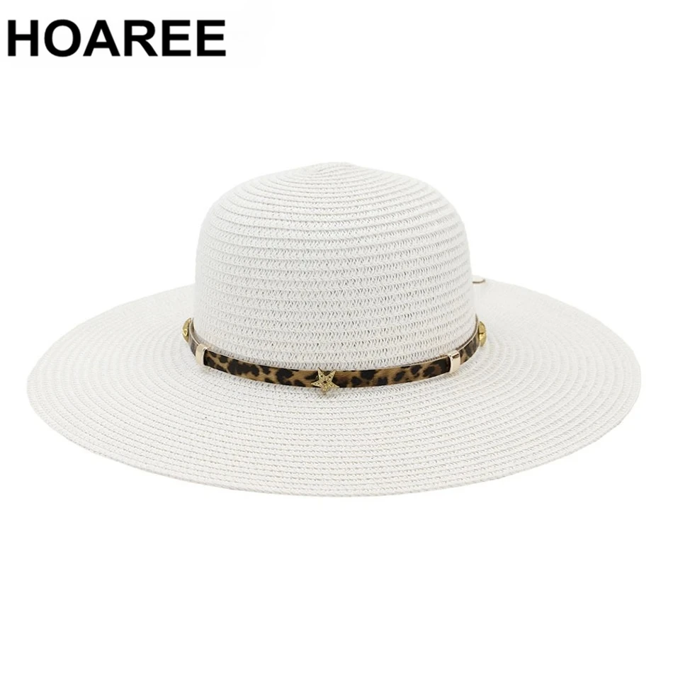 

HOAREE White Sun Hat Women Summer Wide Straw Hat Female New Design Leopard Belt Ladies Beach Hats Fashion Wide Brim Floppy Hat