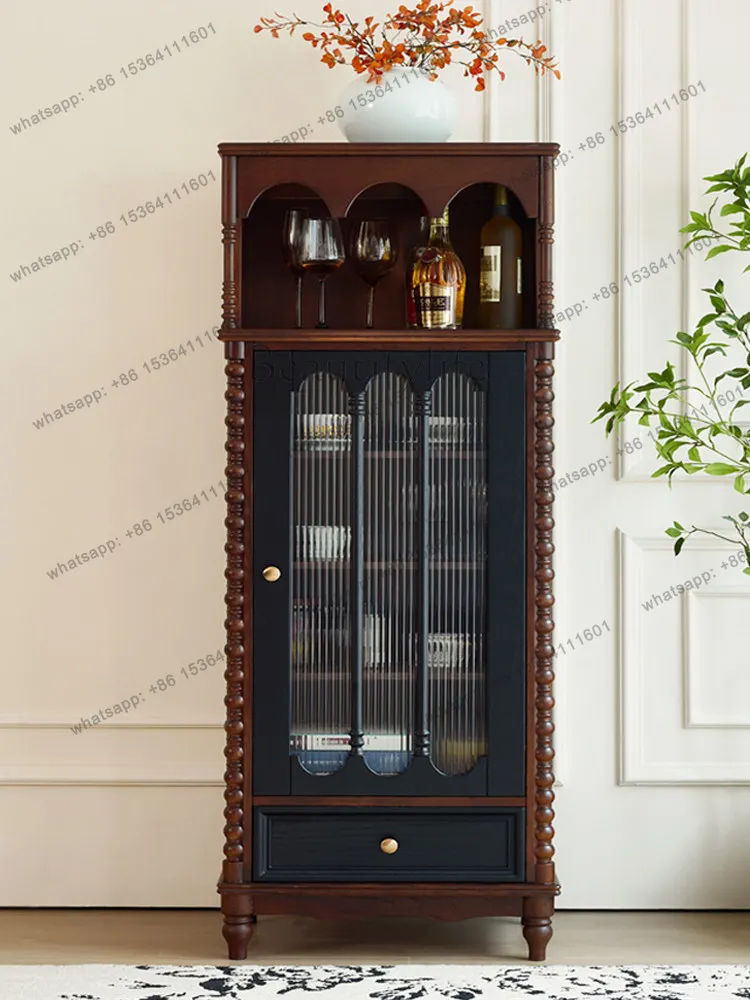 French retro solid wood glass wine cabinet displayed against the wall American retro high cabinet