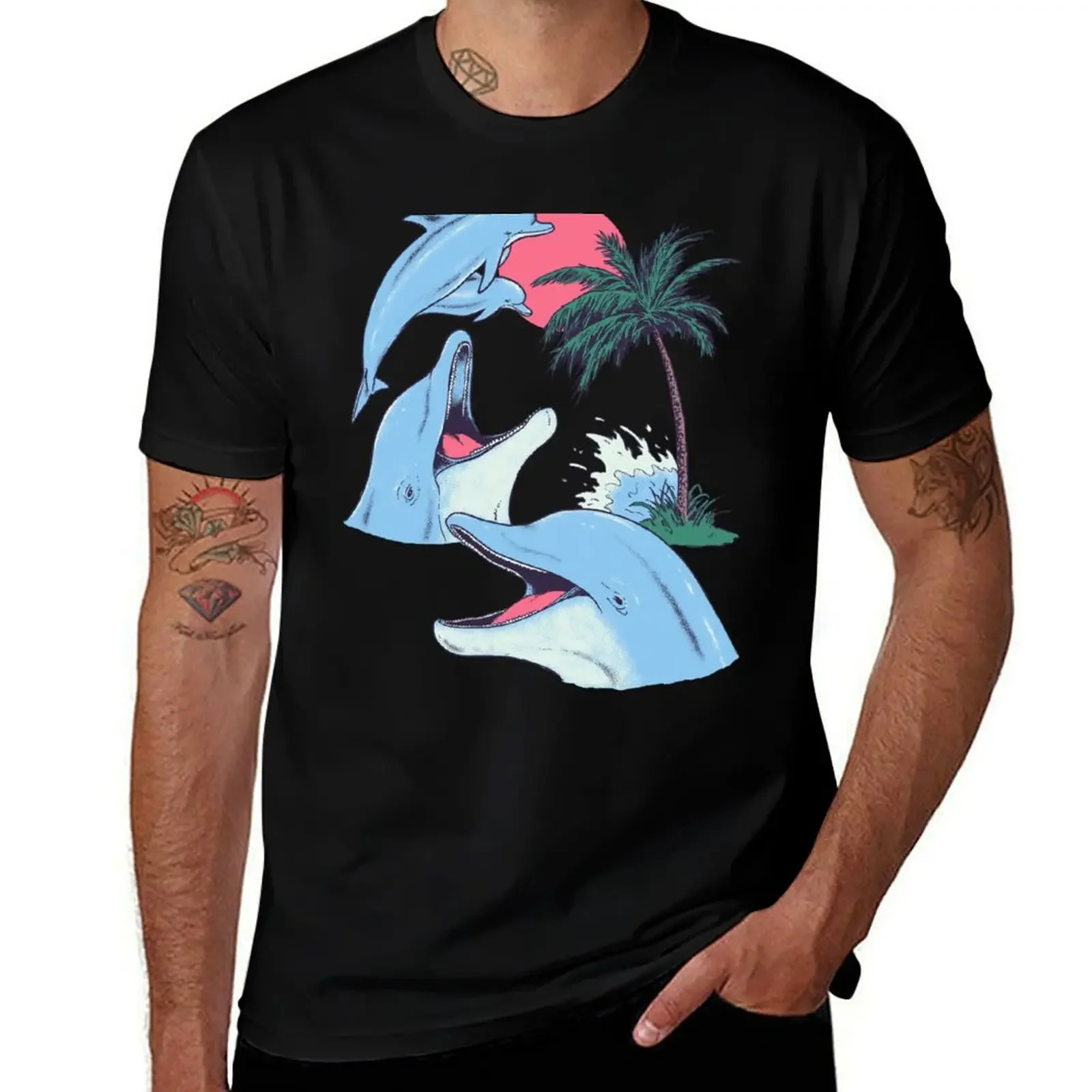 

Four Dolphin Palm Tree T-Shirt summer clothes anime t shirts mens workout shirts