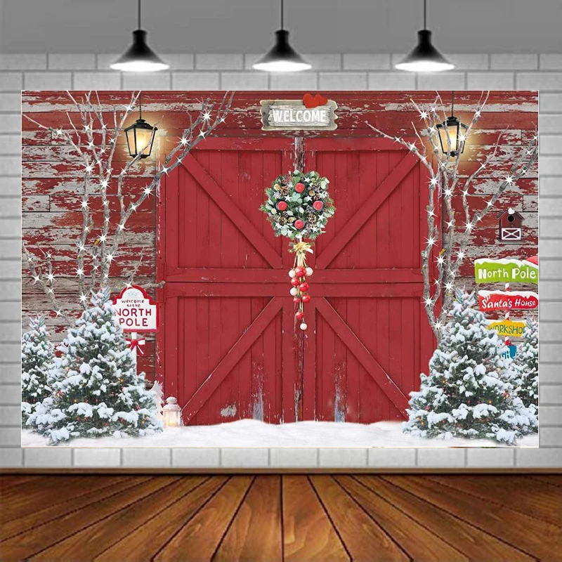 

Рождественский фон для фотосъемки с изображением Красного сарая дверь деревенский деревянный фермерский фон Рождественская елка Снежный подарок украшение для вечеринки для детей и взрослых