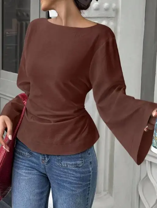 

Autumn Simple Solid Color Boat Collar Tie Waist Slimming Trumpet Sleeve Top Women's Korean Style Elegant Long Sleeved T-Shirt