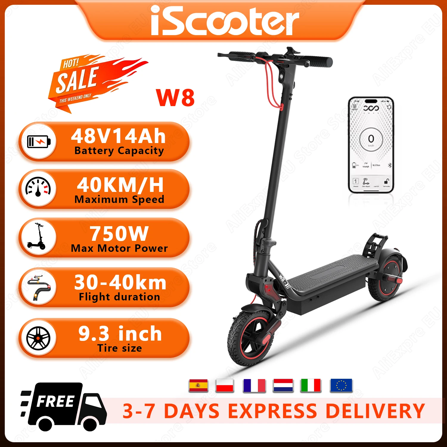 IScooter W8 E-Scooter 750W Motor 48V14Ah APP Connection Program Electric Scooters Adults 9.3 Inch Off-road Electric Skateboard