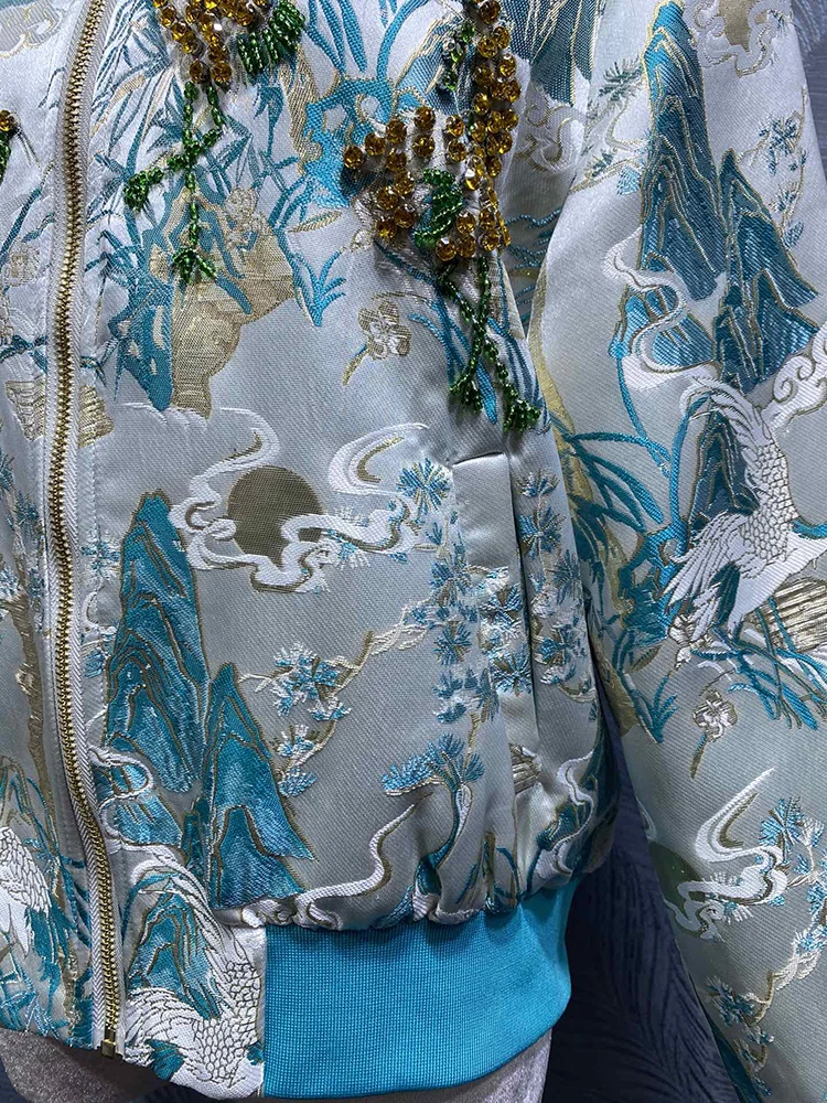 DLDENGHAN Diamanti Perline Cappotti Per Le Donne O-Collo Tasche A Maniche Lunghe Stile Cinese Jacquard Tuta Sportiva Autunno Femmine