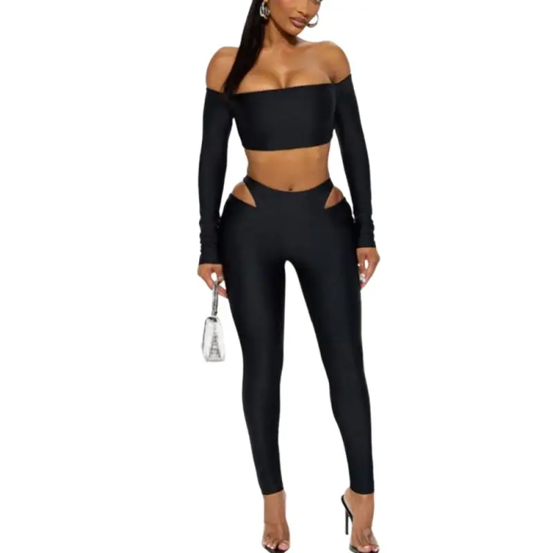Ensemble de Leggings Ultra court sans bretelles et haut sans bretelles, couleur unie, col dénudée, épaules dénudées, nombril, taille creuse, nouvelle collection automne