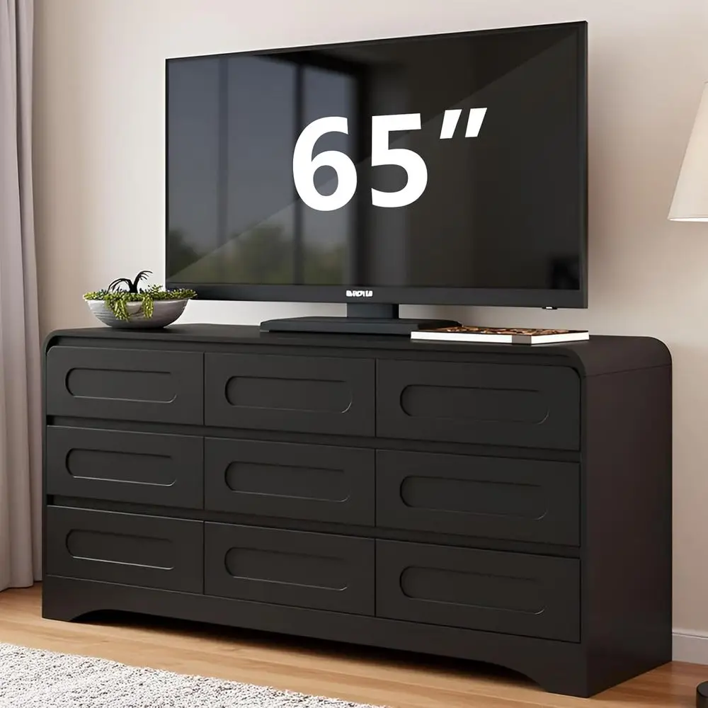 Drer Or Bedroom With 9 Ders, 63" Large Ern Drers & Chest O Ders With Curved Proile Design, Wood Closet Clothes Storage Long Drer-image