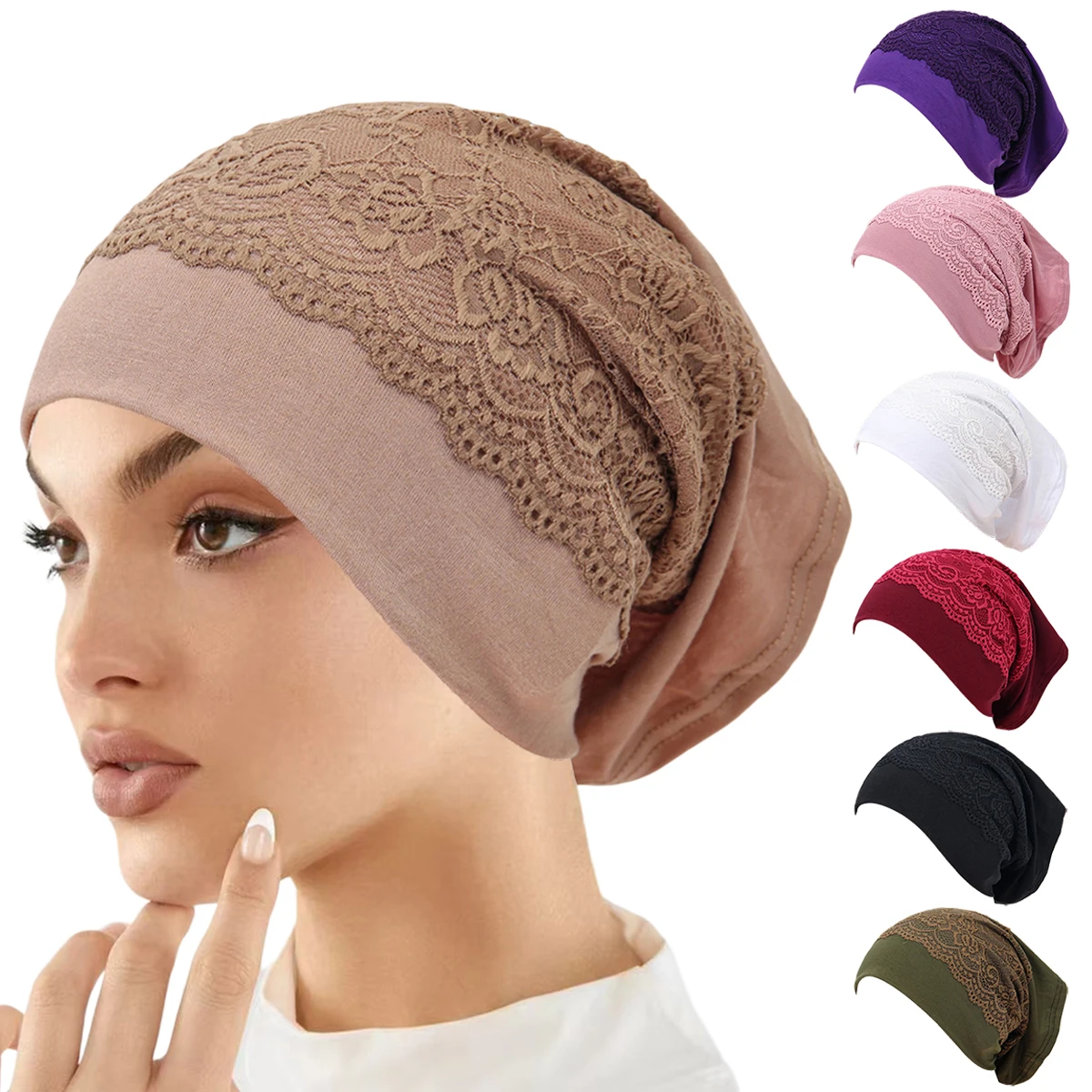 

Solid Color Inner Hijab Undercap With Lace Muslim Turban Islam Underscarf Hijab Bonnet Soft Stretch HIjabs Tube Cap Turbante