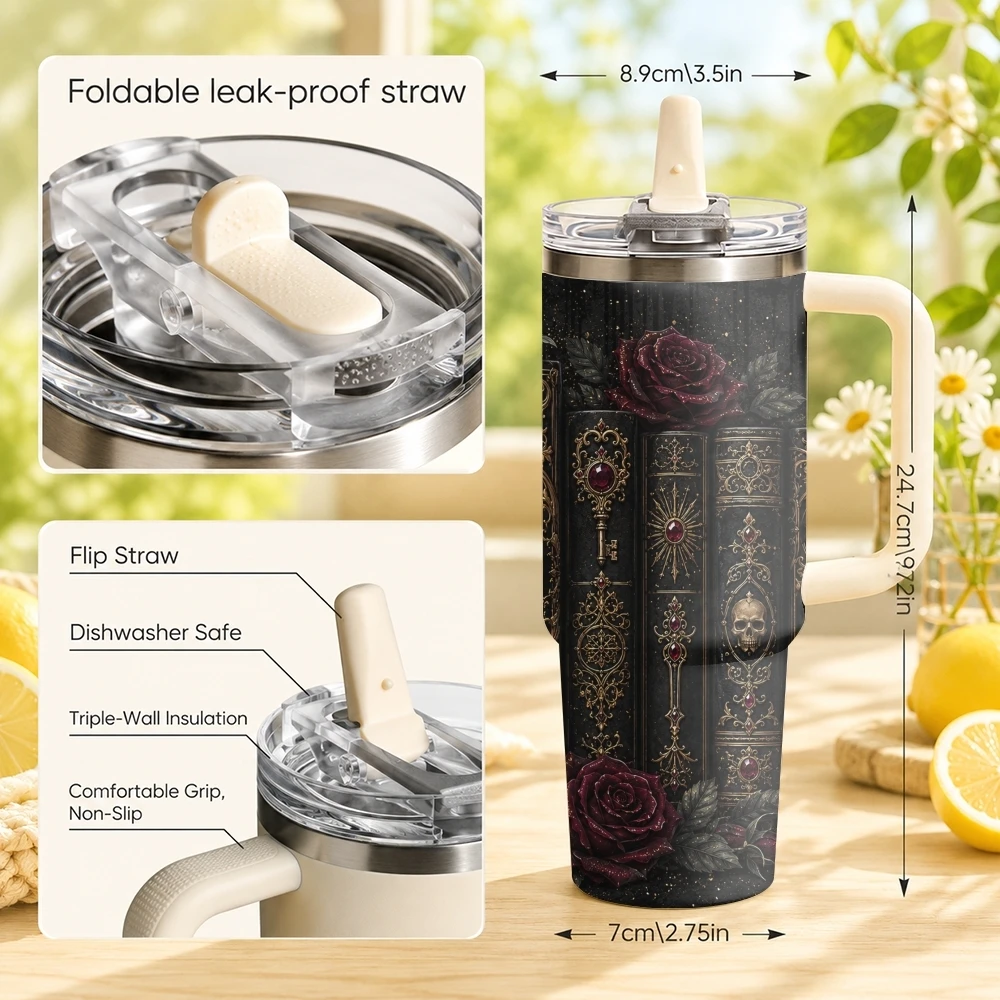 Book of Magic Design Vacuum Flasks 40oz Stainless Steel Tumbler with Handle Straw Lid Vacuum Insulated Double Wall Leak Proof