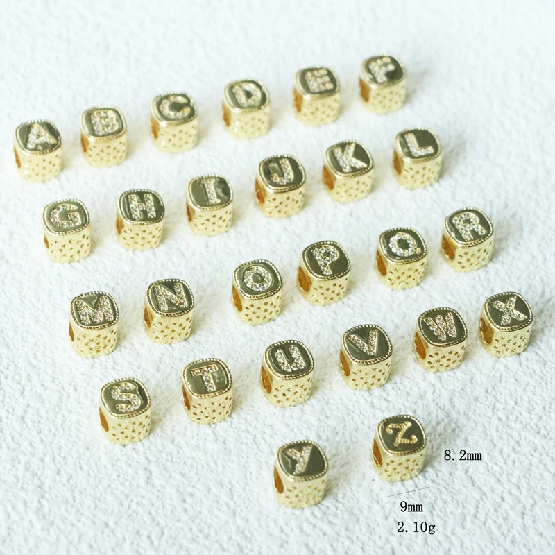 10pcs9x8mm Brass Beads Gold Color Cube Capital Letter 