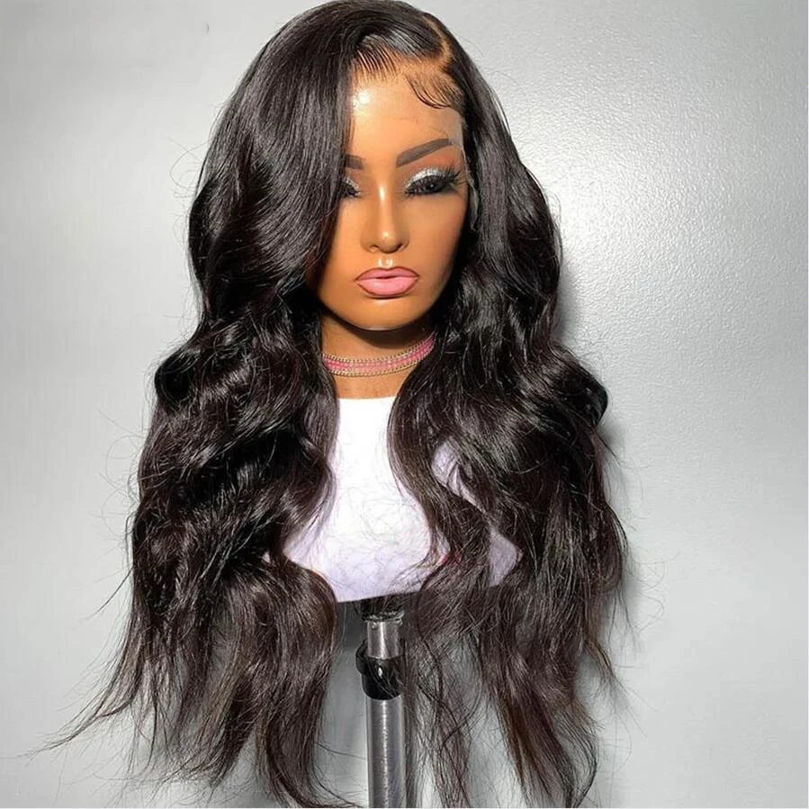 

Soft Glueless 26 Inches Long Natural Black Body Wave Preplucked Lace Front Wig With BabyHair Heat Temperature Daily Cosplay Wig