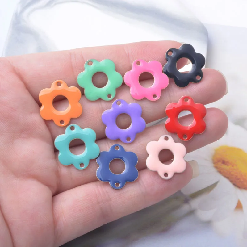 10 Stück Kupfer-Emaille Doppelloch-Blumenverbinder Anhänger Zweiseitige Öltropfen-Charms DIY Schmuck Armband Halskette Herstellung – Detail 3