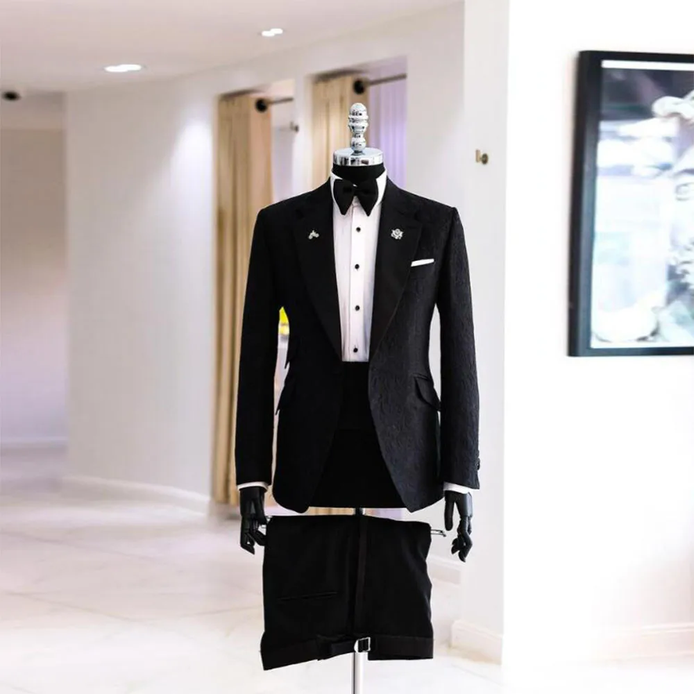 Classic Groom Wedding Suits For Men Slim Fit Floral Jacquard Jacket With Pants Man Fashion Business Office Wear Prom Blazers Set