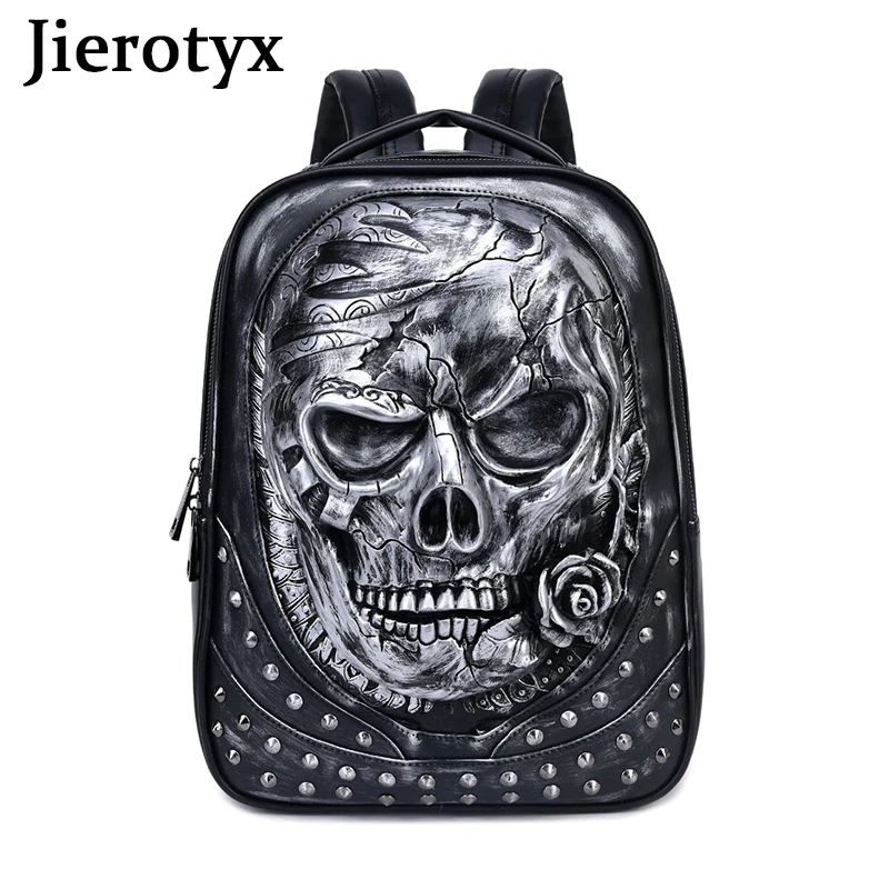 JIEROTYX Womens Studded Backpack Halloween 3D Skull with Rose Bucksacks Laptop Computer Bags Large Capacity Gold Silver