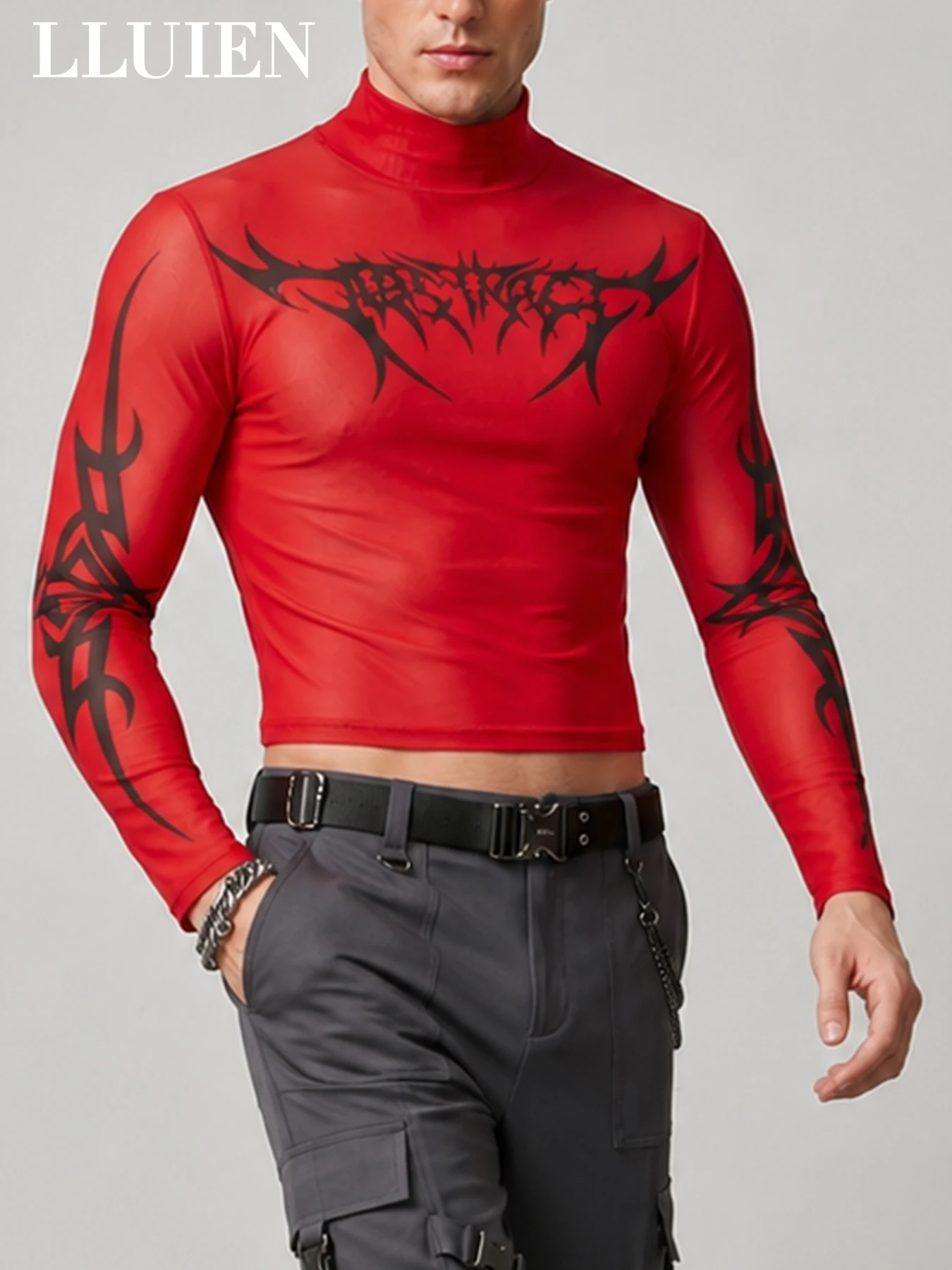 LLUIEN 2026 Neues Modisches Herren Crop-Top Langarm Rollkragen-Shirt mit Aufdruck 100% Polyester Nachtclub Mesh Enganliegendes T-Shirt – Detail 10