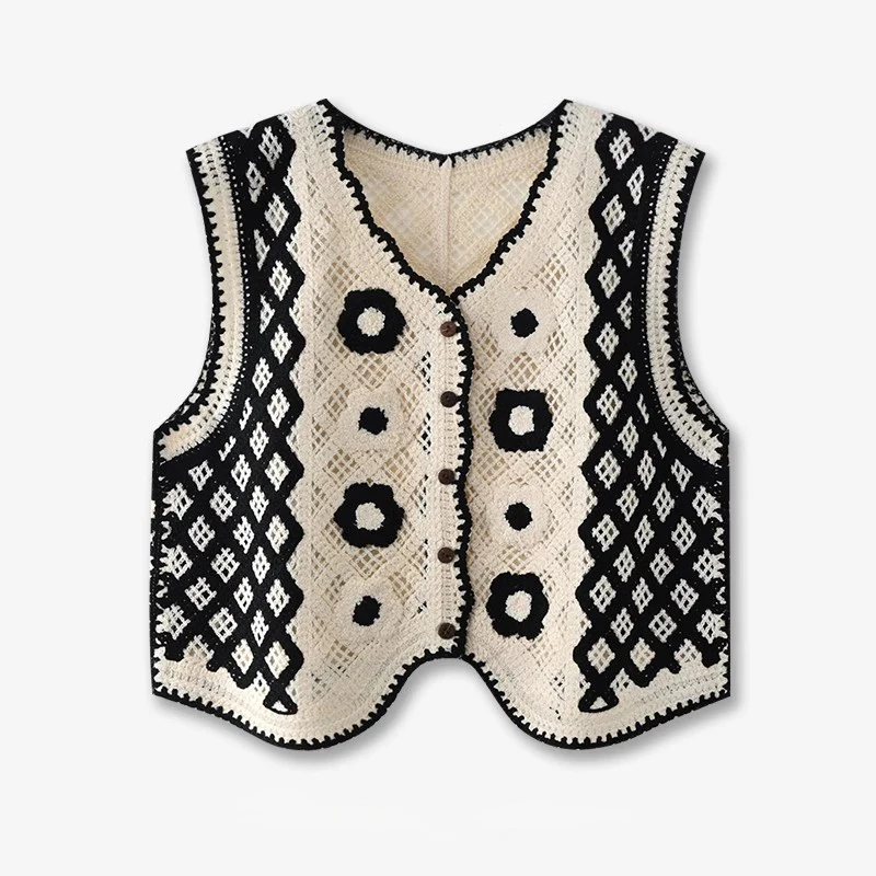 Women's Crochet Knit Vest Top Floral Embroidered Button Front Sleeveless Waistcoat Summer Vacation Boho Beach Wear