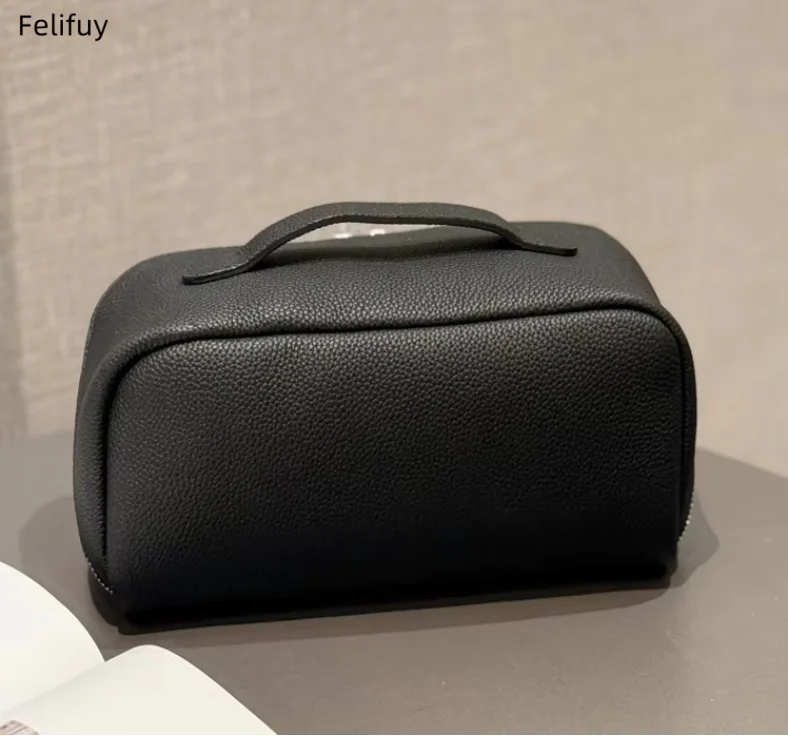 New Grain Leather Cosmetic Bag, Genuine Leather Travel Portable Toiletry Bag Women's Minimalist Makeup Case with Portable Design