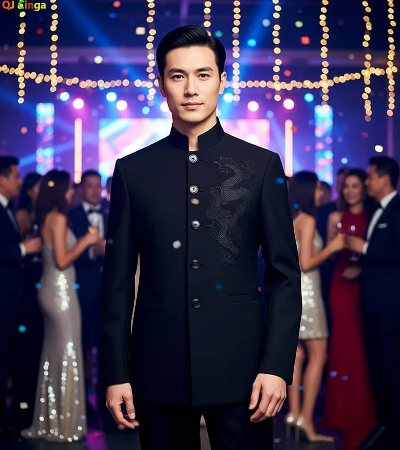

Elegant Black Chinese Dragon Embroidery Pattern Blazers Coat for Men's, Slim Fit Single-Breasted Gray Suit Jacket. 2026 New