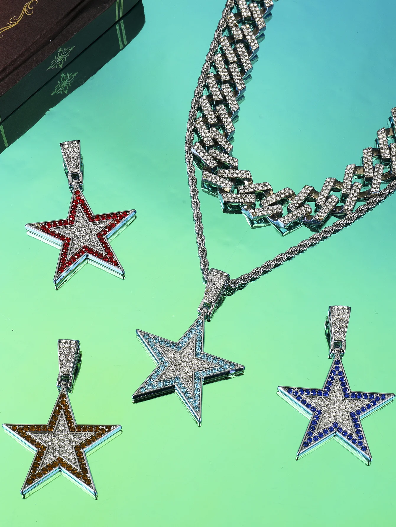 

Five-pointed star hip-hop pendant set high-quality zinc alloy rhinestone halter neck necklace for men and women