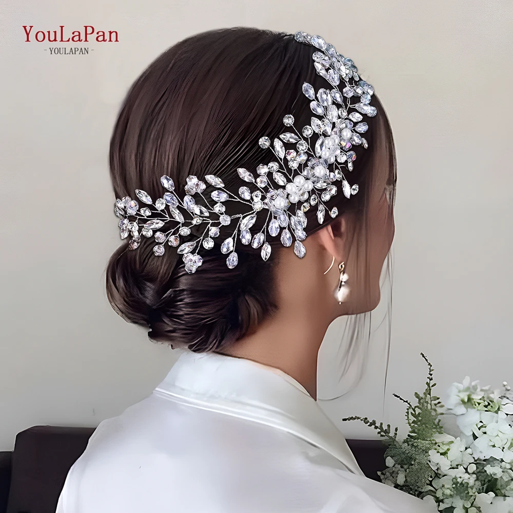 YouLaPan Crystal Pearl Flower Headband Sparkling Rhinestone Wedding Hair Jewelry Women Bride Hair Band Handmade Headpieces HP834