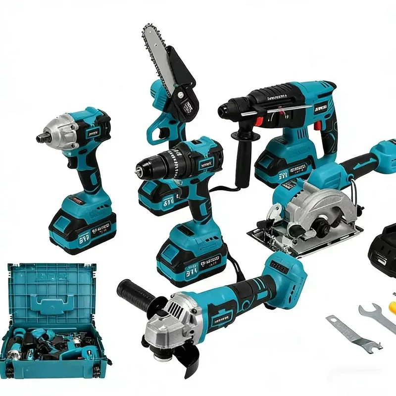 21V Brushless Lithium Battery Power Tool Kit with Electric Hammer Angle Grinder Electric Wrench Drill-Hard Case