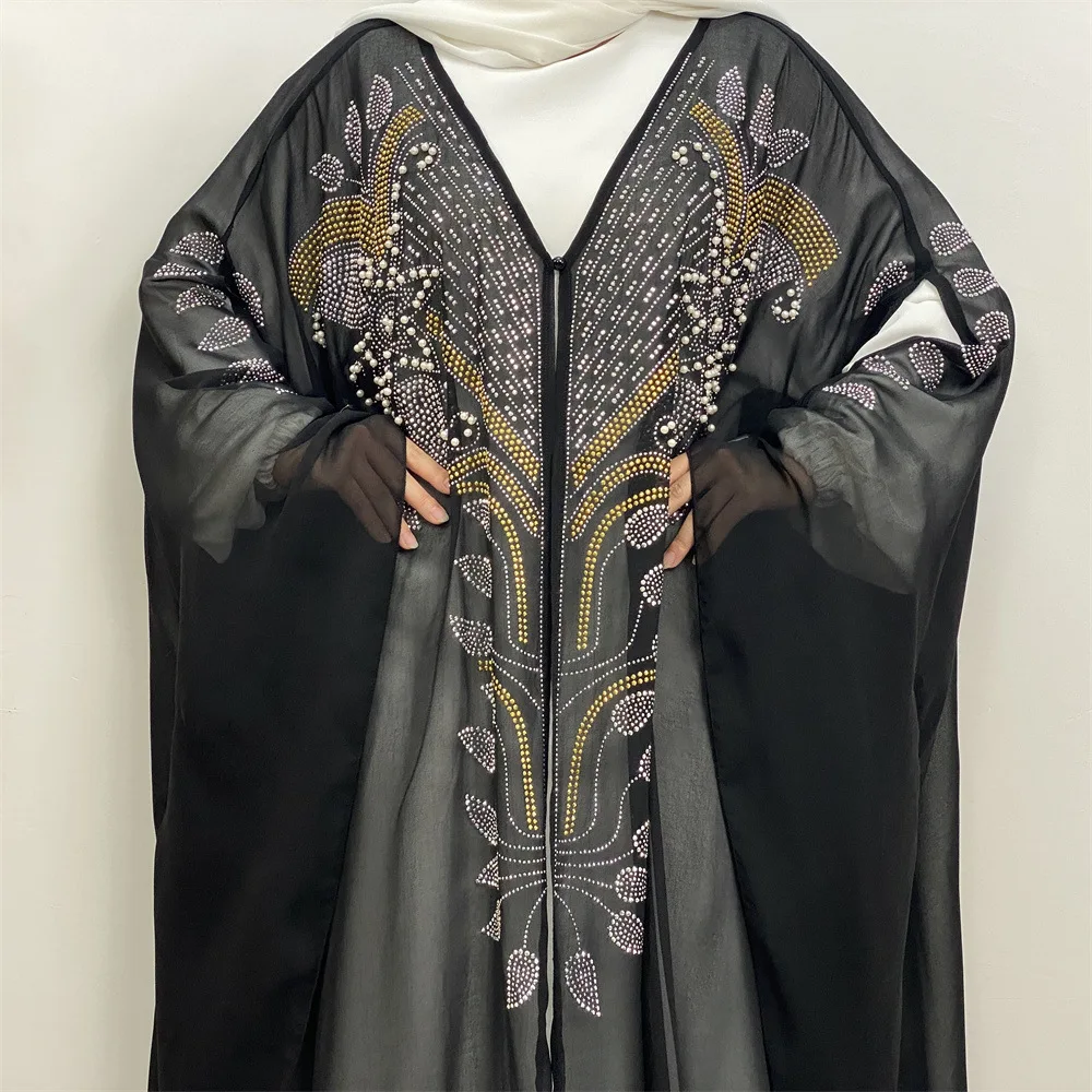 Dubai Abayas Women Muslim Chiffon Beads Open Abaya Kimono Maxi Dress Turkey Robe Morocco Eid Party Jalabiya Gown Kebaya Kaftan