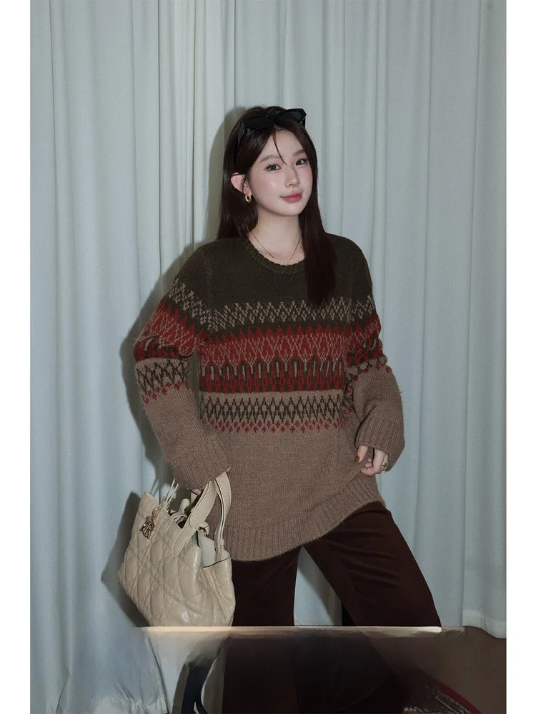 

plus Size Women's Knitwear Faer Isle Mixed Wool Camere Warm Winter Sweater Loose Fit Korean Sle Long Sve round Ne Top