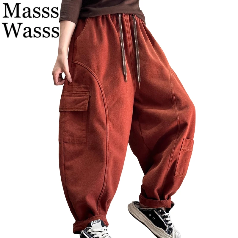 

Mass Wasss 2025, зимние классические однотонные свободные винтажные меховые брюки, женская повседневная утепленная корейская одежда, женские теплые модные брюки