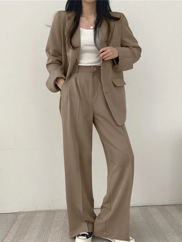 Women Fashion Office Suit Top and Pant Loose Single Breasted Female Pantsuit Pink Blazers Coats Elegant Party Clothes Outerwear