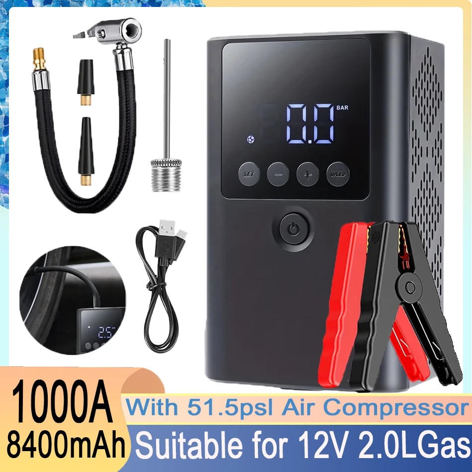 1000A Peak 4-in-1 Car Jump Starter with Air Compressor | 51.5PSI Smart Tire Inflator, Digital Display & USB Quick Charge
